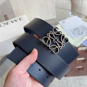Loewe Black Leather Belt with Silver Anagram Buckle